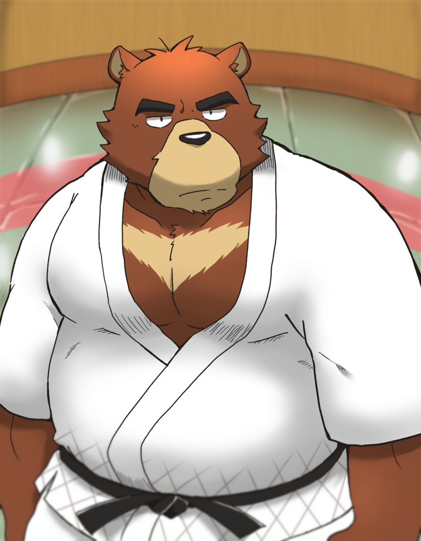 2020 anthro bear belly black_nose bottomwear brown_body brown_fur clothed clothing fur hi_res juuichi_mikazuki kemono male mammal morenatsu nekodon_san overweight overweight_anthro overweight_male pants solo