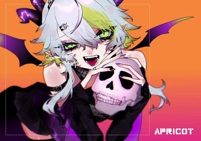 apricot_the_lich apricot_the_lich_(1st_costume) arm_strap bad_id bad_twitter_id black_dress blue_hair character_name commission comori dress female green_eyes green_hair highres holding holding_skull horns leaning_forward multicolored_hair open_mouth orange_background pointy_ears short_hair skeb_commission skull solo streaked_hair tsurime virtual_youtuber vshojo wings