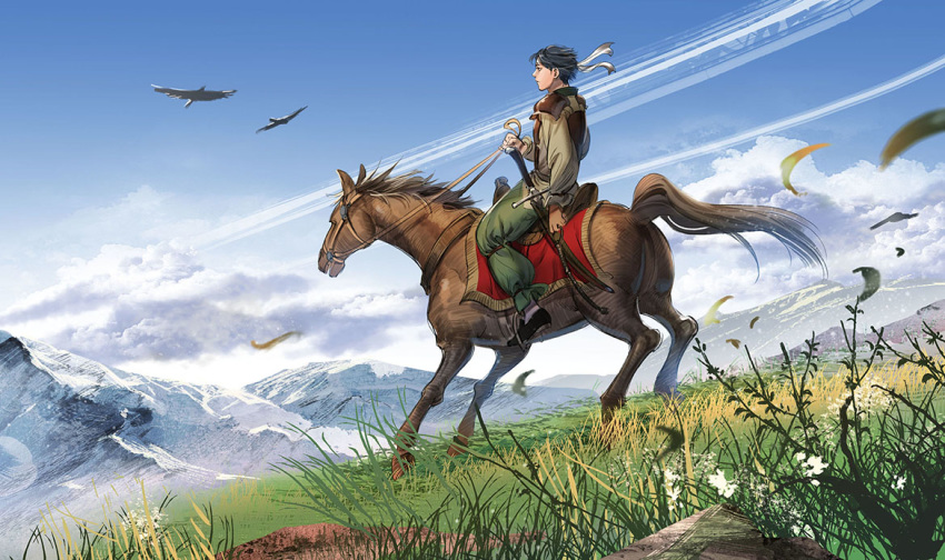 1boy aged_down akakokko_(niro_azarashi) animal armor arslan_senki bird black_footwear black_hair cape day from_behind grass headband holding horse horseback_riding jimsa_(arslan_senki) leaf long_sleeves male_focus motion_blur mountain nature outdoors photoshop_(medium) riding scenery shoes short_hair sky sword weapon wind