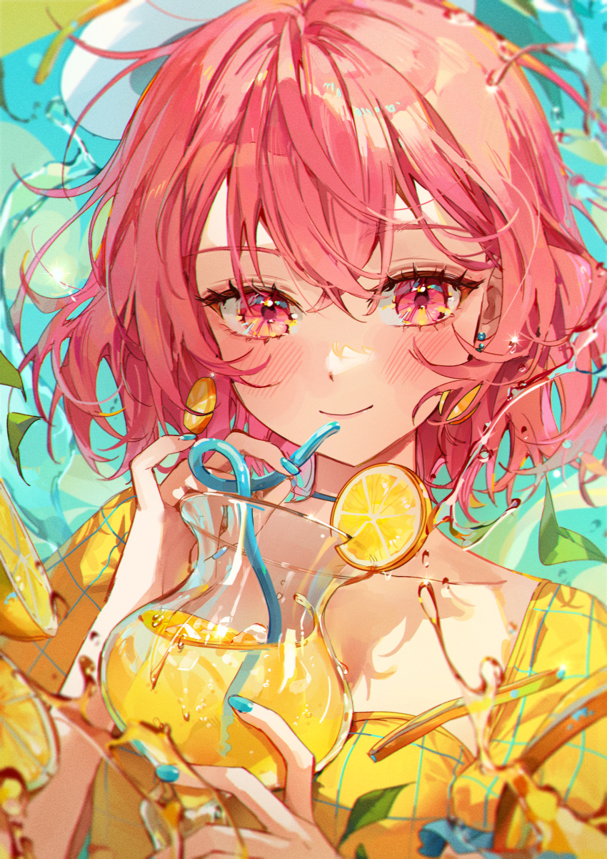 absurdres aqua_nails blush closed_mouth cup drinking_straw earrings female food food-themed_earrings fruit hands_up highres holding holding_cup indie_utaite jewelry lemon lemon_earrings lemon_slice lemonade looking_at_viewer medium_hair nail_polish nqrse pink_eyes pink_hair short_sleeves smile solo upper_body utaite ye_jji