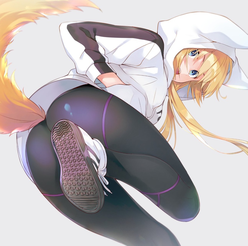 animal_ears animal_hood black_pantyhose blonde_hair blue_eyes e_(eokiba) fake_animal_ears female fox_ears fox_girl fox_tail from_below hand_in_pocket highres hood hood_up hoodie kemono_jihen kon_(kemono_jihen) long_hair long_sleeves looking_at_viewer pantyhose shoes sneakers tail white_footwear white_hoodie