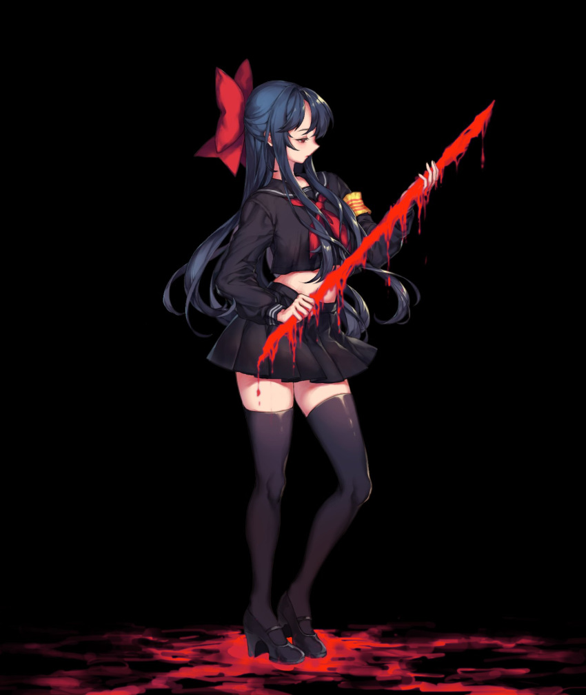 armband bad_id bad_twitter_id black_background black_footwear black_skirt black_thighhighs blood blood_sword blue_hair blush bow closed_mouth dripping female hairbow high_heels highres holding holding_weapon hp_sword kim_jimin long_hair mary_janes navel neckerchief red_bow red_eyes red_neckerchief school_uniform shoes simple_background skirt solo thighhighs uniform weapon