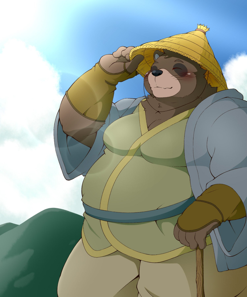 2022 5:6 anthro asian_clothing belly big_belly black_nose blush brown_body canid canine closed_eyes clothing east_asian_clothing hi_res humanoid_hands japanese_clothing kemono male mammal mountain outside overweight overweight_male pomupomu490 raccoon_dog solo tanuki