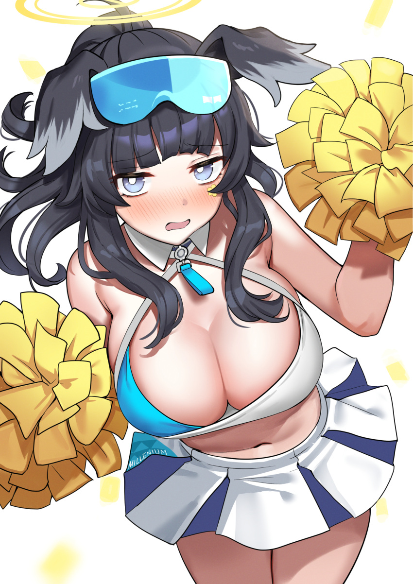 ahoge animal_ears bare_shoulders black_hair blue_archive blue_eyes blush breasts cheerleader commentary cowboy_shot crop_top dog_ears female goggles goggles_on_head halo hatsuno_xxx hibiki_(blue_archive) hibiki_(cheer_squad)_(blue_archive) highres large_breasts looking_at_viewer millennium_cheerleader_outfit_(blue_archive) navel official_alternate_costume open_mouth pom_pom_(cheerleading) ponytail revision sidelocks simple_background skirt solo standing white_background white_skirt yellow_halo