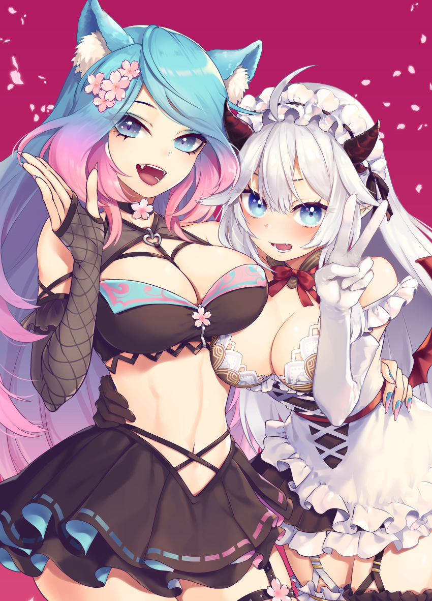 2girls :d absurdres ahoge animal_ear_fluff animal_ears bare_shoulders black_choker black_gloves black_shirt black_skirt blue_eyes blue_hair breasts cherry_blossoms choker cleavage commentary cowboy_shot crop_top detached_sleeves dress elbow_gloves english_commentary flower frilled_dress frills garter_straps gloves gradient_hair hair_flower hair_ornament hand_up headdress highres horns indie_virtual_youtuber large_breasts layered_skirt long_hair long_sleeves looking_at_viewer midriff miniskirt multicolored_hair multiple_girls navel oerba_yun_fang open_mouth red_background shirt silvervale silvervale_(4th_costume) skirt sleeveless sleeveless_dress smile standing stomach thighhighs tomobe_kinuko v vei_(vtuber) vei_(vtuber)_(4th_costume) virtual_youtuber vshojo white_dress white_gloves white_hair zettai_ryouiki