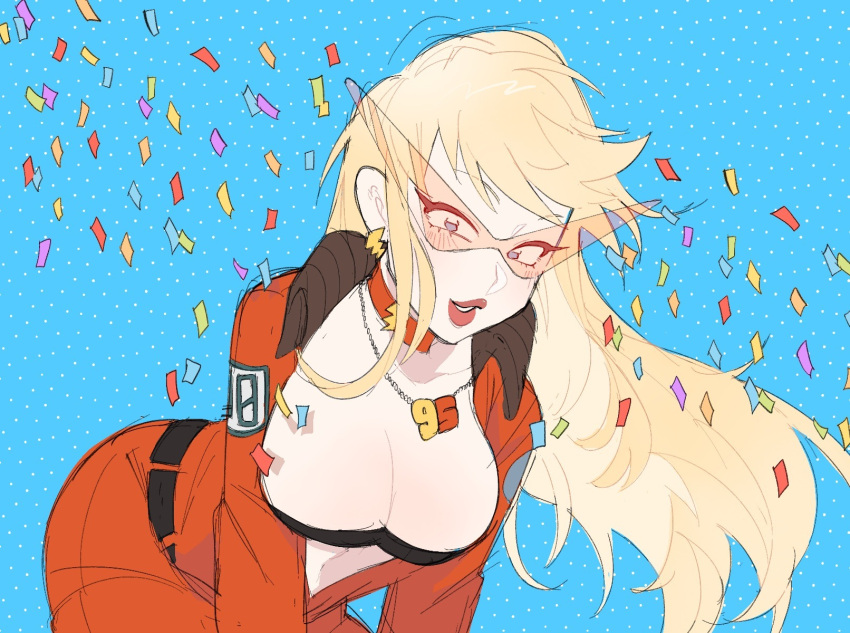 bent_over blonde_hair blue_background blush breasts cars_(movie) choker cleavage commentary earrings english_commentary female genderswap_(mtf) highres jewelry jumpsuit kamina_shades large_breasts lightning_bolt_earrings lightning_bolt_symbol lightning_mcqueen long_hair looking_at_viewer necklace open_jumpsuit parted_lips pendant personification rule_63 smile solo sunglasses tokimekiwaku triangular_eyewear very_long_hair