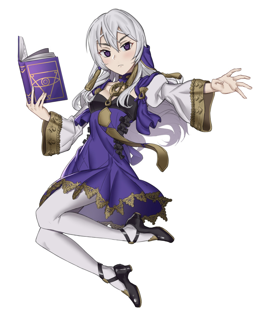 absurdres book chaika_trabant closed_mouth commentary cosplay dress ebinku english_commentary female fire_emblem fire_emblem:_three_houses full_body grey_hair high_heels highres hitsugi_no_chaika holding holding_book long_hair long_sleeves lysithea_von_ordelia lysithea_von_ordelia_(cosplay) open_book purple_eyes simple_background solo white_background white_legwear