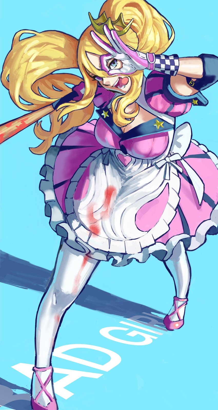 apron bad_girl bad_id bad_twitter_id baseball_bat blonde_hair blood blood_on_clothes blood_on_weapon blue_eyes breasts calilo cleavage commentary crazy_eyes crown dress english_commentary female gloves highres large_breasts long_hair mini_crown no_more_heroes ok_sign pink_dress pink_footwear pink_gloves solo tongue tongue_out twintails waist_apron weapon white_legwear