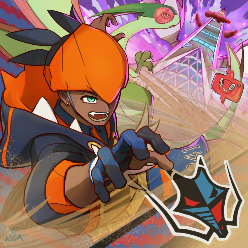 1boy bad_id bad_pixiv_id commentary_request dark-skinned_male dark_skin duraludon flygon gigantamax gigantamax_duraludon green_eyes highres male_focus oerba_yun_fang pokemon pokemon_(creature) pokemon_swsh raihan_(pokemon) rotom rotom_phone shorts tom_(pixiv10026189)