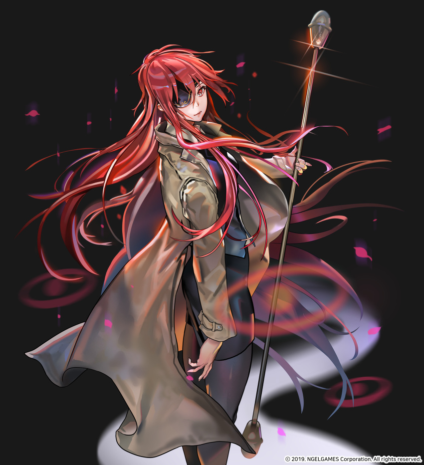 absurdres black_background black_legwear black_shirt black_skirt breasts brown_coat coat eyepatch falling_petals female hero_cantare highres holding holding_weapon hwa_ryun leenim long_coat long_hair looking_at_viewer official_art one_eye_covered parted_lips petals red_eyes red_hair shirt skirt solo tower_of_god very_long_hair weapon