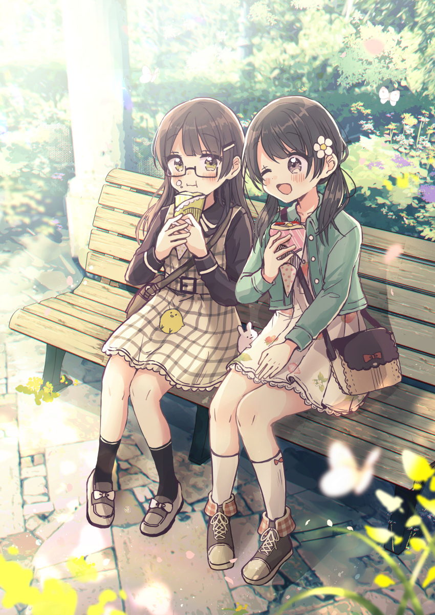 2girls :i ;d absurdres animal bag black-framed_eyewear black_hair black_legwear black_shirt blush brown_eyes brown_footwear bug butterfly closed_mouth collared_shirt commentary_request dress eating flower food food_on_face green_jacket hair_flower hair_ornament hairclip highres higuchi_kaede_(swing!!) jacket long_hair long_sleeves low_twintails miyasato_haruka multiple_girls on_bench one_eye_closed open_clothes open_jacket outdoors plaid plaid_dress sakura_oriko semi-rimless_eyewear shirt shoes shoulder_bag sitting sleeveless sleeveless_dress smile socks swing!! twintails under-rim_eyewear white_dress white_flower white_socks