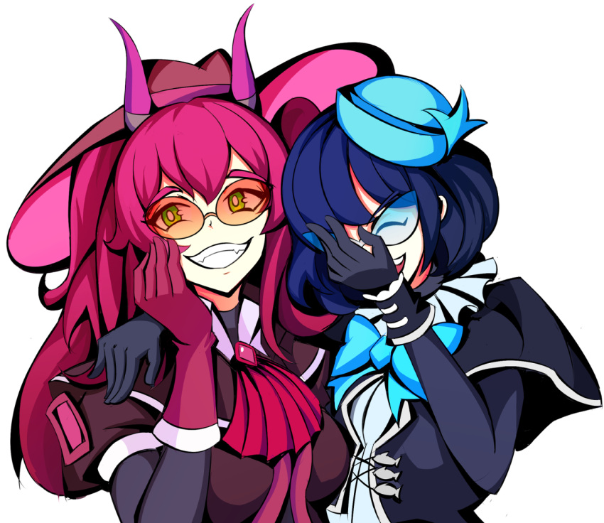 2girls arm_around_shoulder blue_bow blue_hair bow bowtie breasts closed_eyes duel_monster english_commentary evil_twin_ki-sikil evil_twin_lil-la gloves green_eyes grin hair_between_eyes hand_on_own_face hat highres ki-sikil_(yu-gi-oh!) large_breasts laughing laughing_girls_(meme) lil-la_(yu-gi-oh!) long_hair meme multiple_girls pink_hair puffy_short_sleeves puffy_sleeves rsutibu short_hair short_sleeves smile sunglasses tinted_eyewear transparent_background yu-gi-oh!