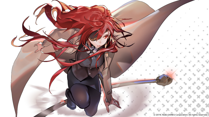 black_legwear black_skirt black_vest breasts brown_coat closed_mouth coat eyepatch female hero_cantare hwa_ryun leenim long_coat long_hair medium_breasts official_art one_eye_covered open_clothes open_coat red_hair shoes skirt solo squatting tower_of_god very_long_hair vest