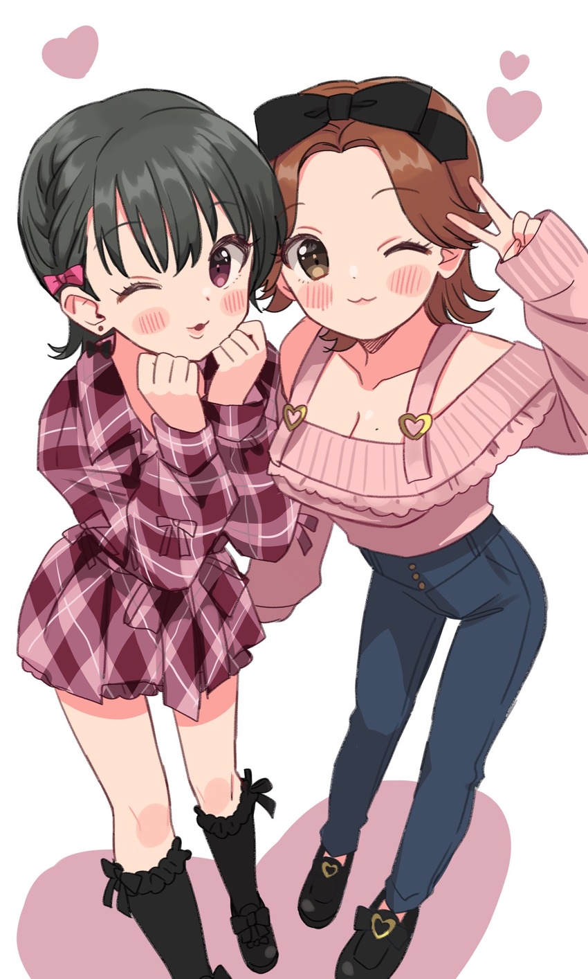 2girls :3 black_hair black_ribbon black_socks braid breasts brown_eyes brown_hair cleavage collarbone denim dress earrings from_above hair_ribbon hands_on_own_cheeks hands_on_own_face heart highres idolmaster idolmaster_cinderella_girls idolmaster_cinderella_girls_starlight_stage jewelry large_breasts loafers looking_at_viewer matsubara_saya mole mole_on_breast multiple_girls ohta_yuu one_eye_closed parted_bangs parted_lips pink_dress pink_ribbon pink_shirt plaid plaid_dress red_eyes ribbon shirt shoes short_hair simple_background sleeves_past_wrists socks standing sukoyaka_(100hituzi) v white_background