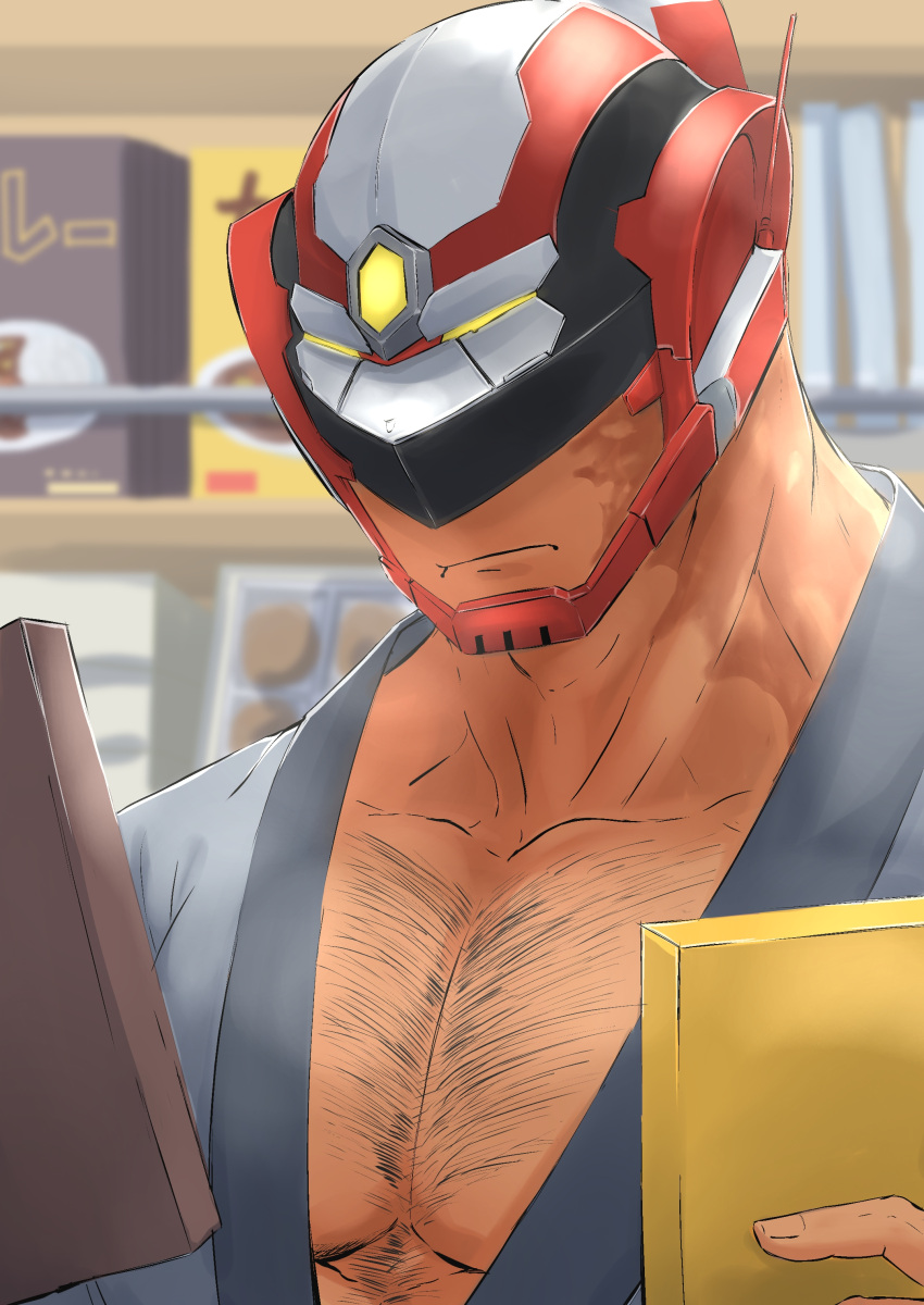 1boy absurdres alternate_costume bara burn_scar chest_hair closed_mouth dark-skinned_male dark_skin grey_kimono helmet highres japanese_clothes kimono large_pectorals live_a_hero male_focus muscular muscular_male pectoral_cleavage pectorals sabita_kan scar scar_on_face solo upper_body victom_(live_a_hero)