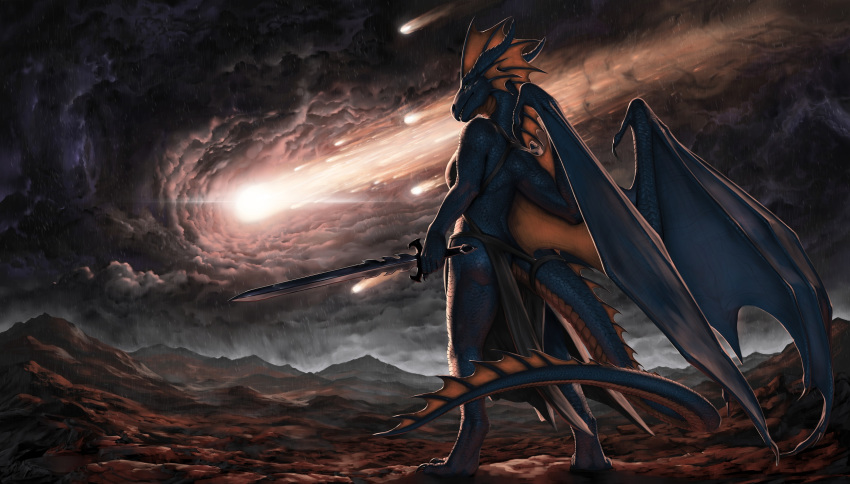 5_fingers aaros amazing_background anthro apocalypse ass becaria_(character) black_clothing blue_body blue_membrane blue_scales breasts claws clothing cloud dark detailed detailed_background digitigrade dragon european_mythology female fingers frill_(anatomy) green_eyes head_crest head_frill hi_res holding_melee_weapon holding_object holding_sword holding_weapon lens_flare long_tail melee_weapon membrane_(anatomy) mostly_nude mythological_creature mythological_scalie mythology non-mammal_breasts orange_membrane outside overcast raining rear_view rock scales scalie sky solo storm sword tail tail_frill thunder weapon western_dragon wing_claws wings