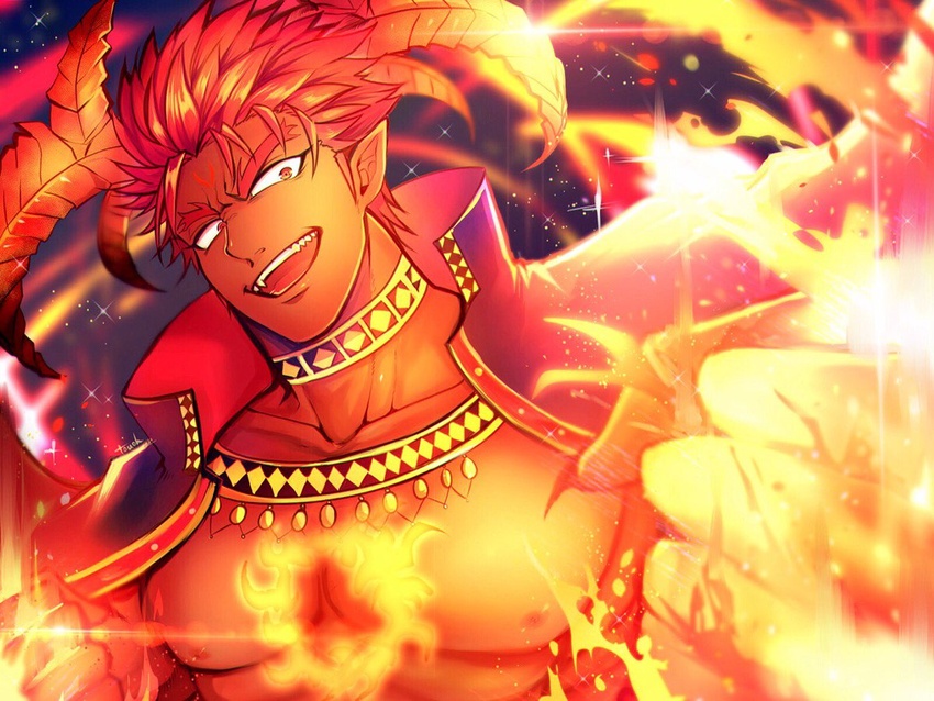 1boy :d bara bare_pectorals chest_tattoo dark-skinned_male dark_skin demon_boy demon_horns facial_mark fire forehead_mark horns ifrit_(housamo) large_pectorals male_focus muscular muscular_male nipples open_mouth orange_eyes pectorals pointy_ears red_theme short_hair sideburns smile solo spiked_hair tattoo tokyo_afterschool_summoners touoh upper_body