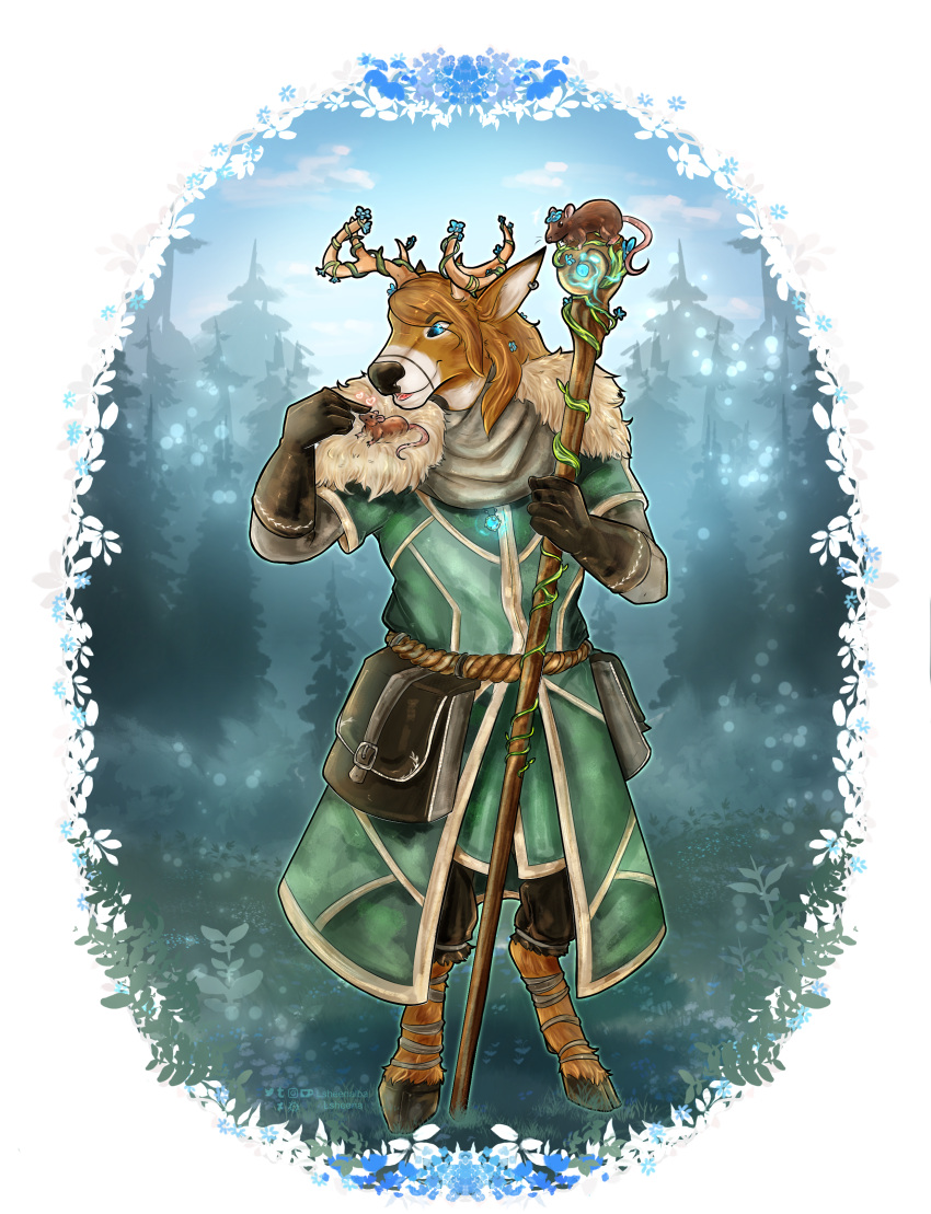 absurd_res accessory alpha_channel anthro antlers blue_eyes blue_flower brown_body brown_fur brown_hair cloak clothing cloven_hooves deer druid dungeons_and_dragons ear_piercing ear_ring ewan_j._redding fantasy fantasy_weapon floral_pattern flower flower_in_hair forest forest_background fur gloves hair hair_accessory handwear hasbro hi_res hooves horn jewelry long_hair lsheena magic magic_staff magic_user male mammal multicolored_body multicolored_fur nature nature_background new_world_deer pendant piercing plant ring_piercing robe rodent satchel smile solo staff tree tribal_spellcaster two_tone_body two_tone_fur vines white-tailed_deer white_body white_fur wizards_of_the_coast