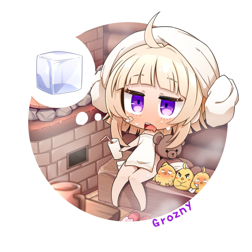 ahoge animal_slippers azur_lane banya_(sauna) bird blonde_hair blunt_bangs blush character_name chibi chick commentary_request cup female grozny_(azur_lane) grozny_(bunny_in_the_banya)_(azur_lane) highres holding holding_cup ice ice_cube manjuu_(azur_lane) open_mouth purple_eyes sauna short_hair slippers stuffed_animal stuffed_toy sweat swscout1222 teddy_bear towel towel_on_head