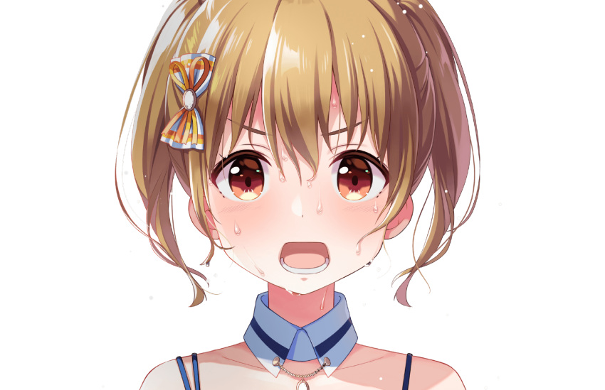 blush bow close-up collar collarbone detached_collar dripping female flying_sweatdrops hair_between_eyes hairbow highres idoly_pride kawasaki_sakura_(idoly_pride) looking_ahead looking_at_viewer lower_teeth_only non-web_source official_art open_mouth orange_bow orange_eyes orange_hair shoulder_strap strap sweat teeth transparent_background twintails very_sweaty wet wet_hair