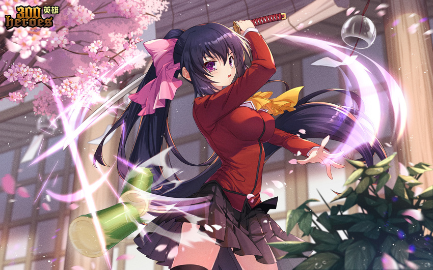 300_heroes artist_request bamboo black_hair black_skirt black_thighhighs bow breasts cherry_blossoms female flower hair_between_eyes hairbow holding holding_sword holding_weapon katana large_breasts leaf long_hair looking_at_viewer noihara_himari omamori_himari open_mouth outdoors petals pink_bow pink_flower pleated_skirt ponytail purple_eyes school_uniform skirt solo standing sword thighhighs tree very_long_hair weapon zettai_ryouiki