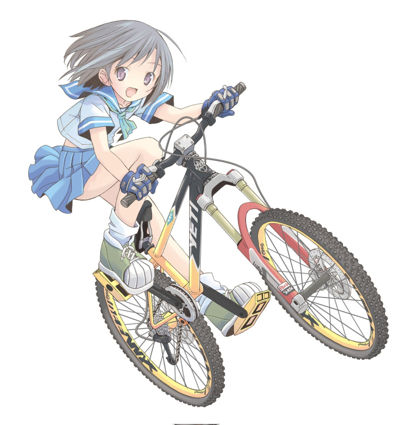 bare_legs bicycle blue_sailor_collar blue_serafuku brown_hair check_commentary commentary_request female gloves highres mountain_bicycle neckerchief open_mouth original pleated_skirt pop_(electromagneticwave) purple_eyes riding riding_bicycle sailor_collar school_uniform serafuku shoes short_hair short_sleeves skirt smile socks solo tire white_background white_socks