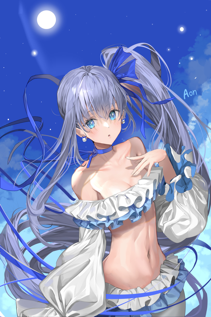 :o a_(sofi3103) absurdres artist_name bad_id bad_pixiv_id bare_shoulders bikini bikini_skirt blue_bow blue_choker blue_eyes blue_sky blush bow breasts choker cleavage collarbone commentary cowboy_shot day earrings fate/grand_order fate_(series) female frilled_bikini frills hairbow hand_on_own_chest highres jewelry light_particles long_hair looking_at_viewer meltryllis_(fate) meltryllis_(swimsuit_lancer)_(fate) meltryllis_(swimsuit_lancer)_(third_ascension)_(fate) navel off-shoulder_bikini off_shoulder outdoors parted_lips pointy_ears purple_hair side_ponytail sky small_breasts solo stomach sun swimsuit very_long_hair white_bikini