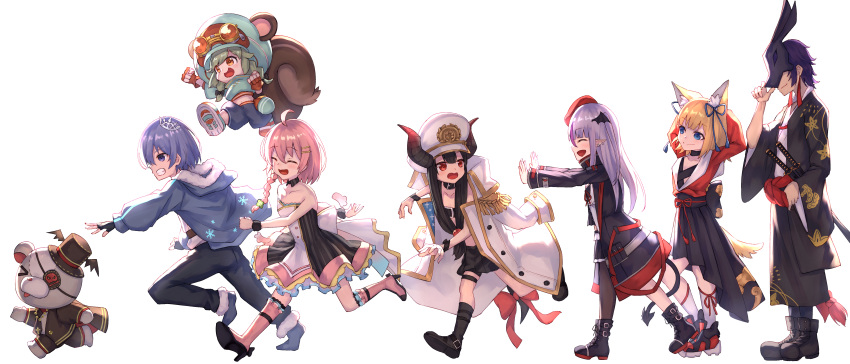 3boys 5girls absurdres ahoge amahane_yotsuha animal_ear_fluff animal_ears ankle_boots bare_shoulders bat_wings black_footwear black_hair blue_eyes blue_ribbon blunt_bangs boots bow braid closed_mouth demon_girl dress earrings fox_ears full_body fur_trim gloves hair_ornament hat hatano_charo head_wings highres holding holding_mask horns jacket jacket_on_shoulders jewelry kuma_kumaeru_the_third kuriyama_yanmi long_braid long_hair long_sleeves masaki_(msk064) mask mayoi_sakyu medium_hair multiple_boys multiple_girls open_mouth pants pink_hair red_headwear ribbon running shirayuki_reid shoes short_hair sidelocks simple_background single_braid squirrel_ears squirrel_girl squirrel_tail tail tokage_meu vgaming virtual_youtuber white_background white_jacket wide_sleeves wings wrist_cuffs yoruno_yui