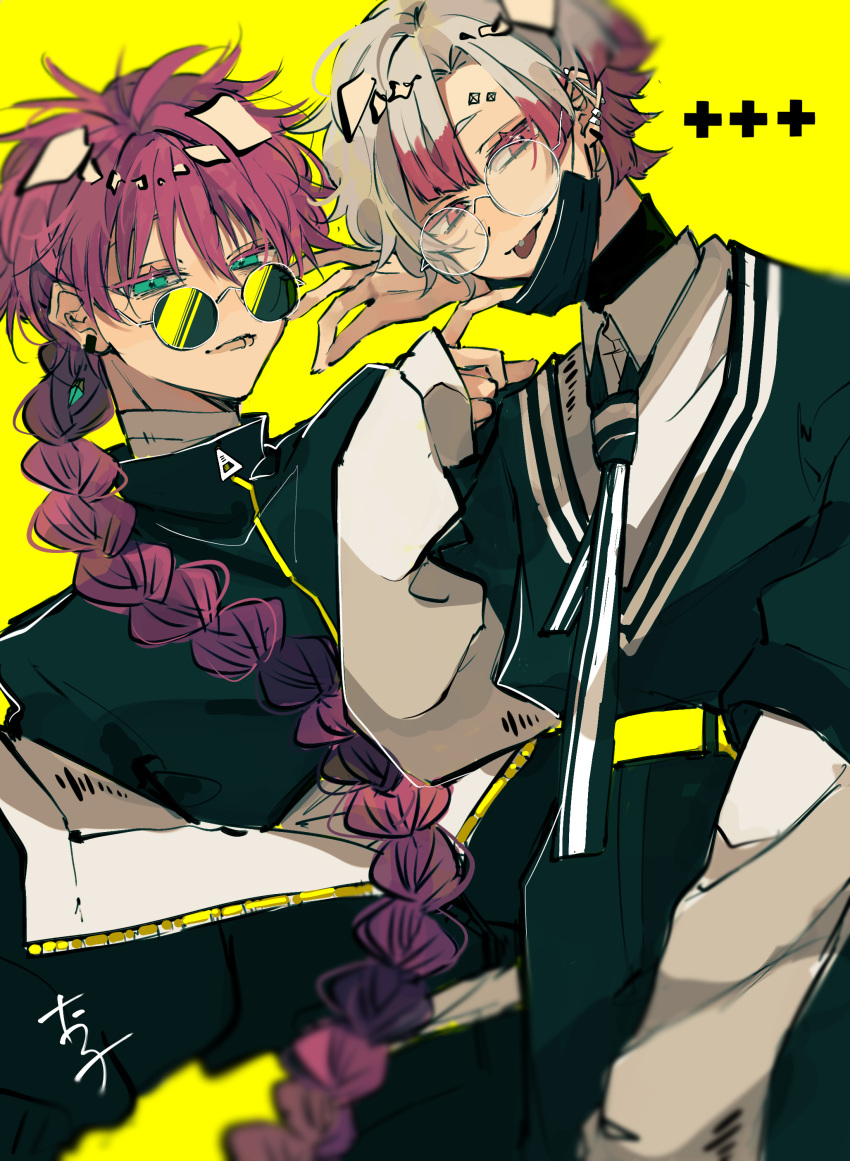 2boys absurdres akuma_shitsuji_to_kuroi_neko ammon_lead aqua_eyes commentary ear_piercing earrings eyebrow_piercing glasses green_shirt green_sweater highres jewelry lato_bacca long_hair long_sleeves male_focus multicolored_hair multiple_boys multiple_earrings necktie piercing pink_hair shirt short_hair sweater taro_aknka white_hair white_necktie yellow_background