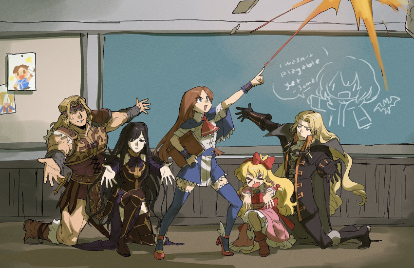 >_< 2boys 3girls :d alucard_(castlevania) armor backless_outfit bare_shoulders bat_(animal) belt bishounen black_hair blonde_hair blue_eyes boots breasts bridal_gauntlets brown_hair cape castlevania:_aria_of_sorrow castlevania:_order_of_ecclesia castlevania:_portrait_of_ruin castlevania:_rondo_of_blood castlevania:_symphony_of_the_night castlevania_(series) chalkboard charlotte_aulin child's_drawing classroom closed_eyes closed_mouth commentary crown dress english_commentary english_text fang_out gloves goth_fashion hare_hare_yukai headband indoors jeto_(jetopyon) jonathan_morris long_hair looking_at_viewer maria_renard multiple_boys multiple_girls muscular oerba_yun_fang open_mouth paper richter_belmont shanoa short_hair simon_belmont simple_background smile soma_cruz speech_bubble suzumiya_haruhi_no_yuuutsu thigh_boots thighhighs very_long_hair whip white_hair