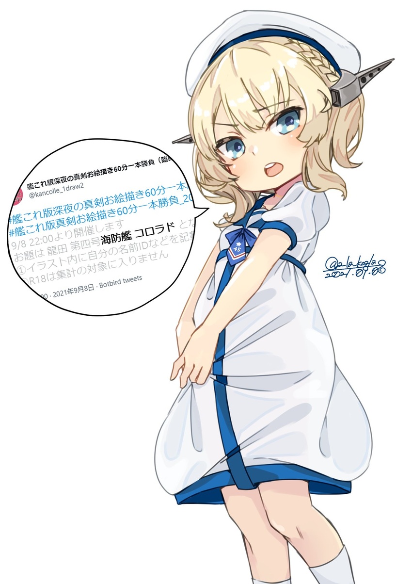 alakoala blonde_hair blue_eyes colorado_(kancolle) cosplay dated dress feet_out_of_frame female hat headgear highres kaiboukan_no._4_(kancolle) kaiboukan_no._4_(kancolle)_(cosplay) kantai_collection kneehighs open_mouth sailor_hat short_hair short_sleeves simple_background socks solo teeth translation_request twitter twitter_username upper_teeth_only white_background white_dress white_hat white_socks