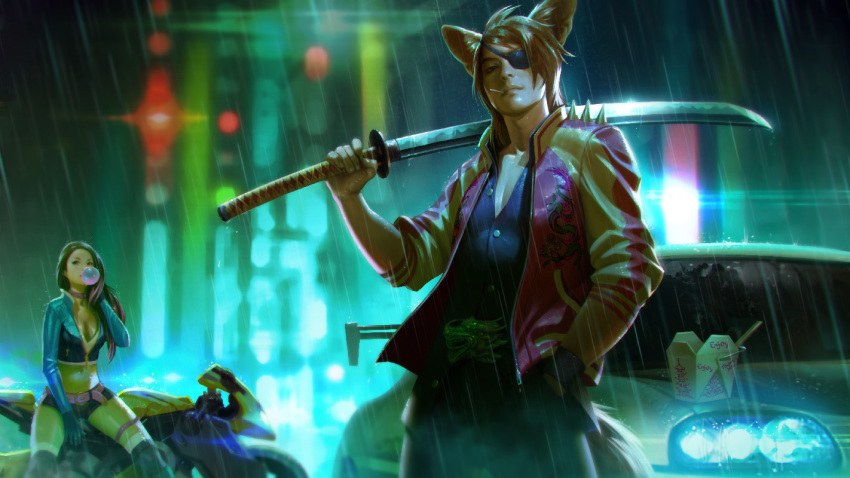 1boy animal_ears belt black_hair blurry blurry_background boots brown_hair car chewing_gum chinese_food cigarette city city_lights collar collared_jacket collared_shirt dragon_ornament eyepatch female food gloves hand_in_pocket hand_on_own_face jacket jyurtsev katana legband long_hair long_sleeves looking_at_viewer male_focus motor_vehicle motorcycle open_clothes open_jacket outdoors over_shoulder pants pectoral_cleavage pectorals rain shirt shorts splashing sword unzipped vainglory weapon weapon_over_shoulder wet wet_clothes zipper