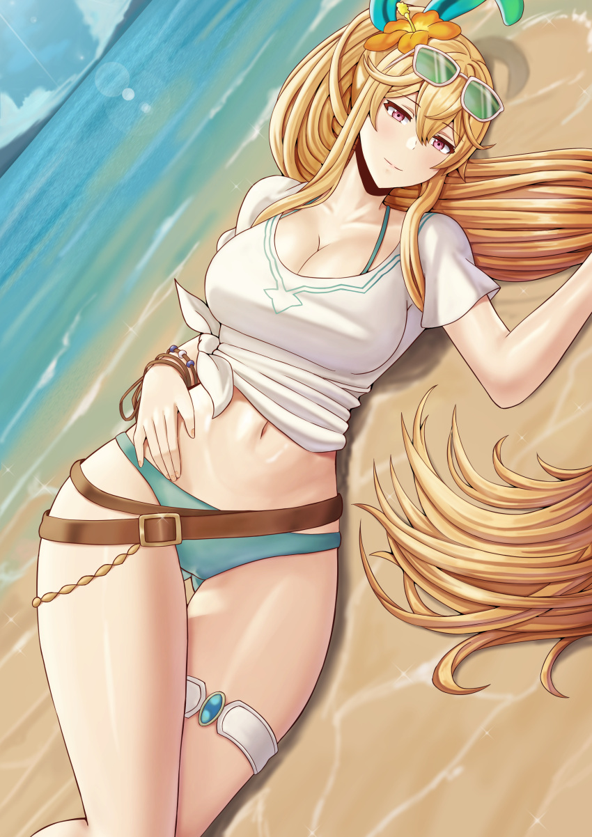 absurdres beach belt bikini blonde_hair breasts cleavage dragalia_lost elisanne eyewear_on_head female flower hair_between_eyes hair_flower hair_ornament hand_on_own_stomach hibiscus highres large_breasts long_hair looking_at_viewer lying navel ocean on_ground on_side orange_flower ponytail red_eyes saikunartworks sand shirt sidelocks solo sunglasses swimsuit thighs very_long_hair white_shirt