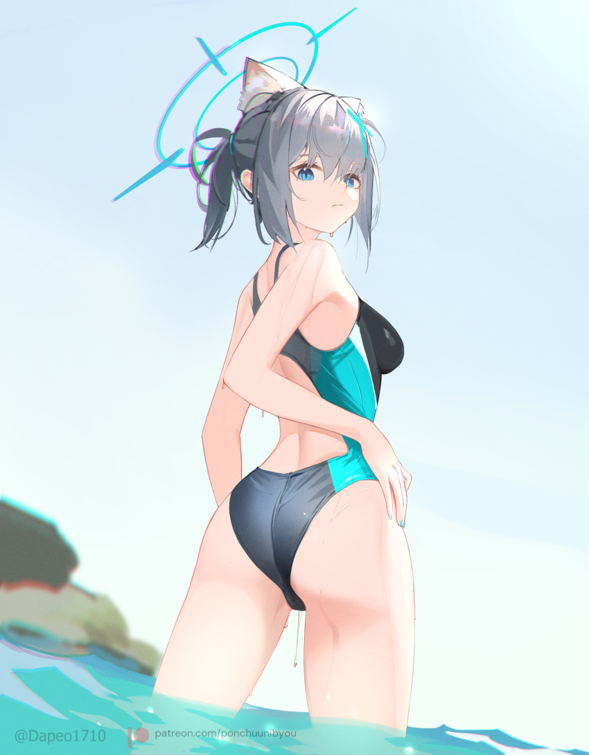 animal_ear_fluff animal_ears black_one-piece_swimsuit blue_archive blue_eyes blue_one-piece_swimsuit blue_sky blurry blurry_background breasts chromatic_aberration competition_swimsuit cowboy_shot cross cross_hair_ornament da_(datako) day extra_ears female from_behind grey_hair hair_ornament halo hand_on_own_hip highleg highleg_swimsuit highres inverted_cross looking_at_viewer looking_back multicolored_clothes multicolored_swimsuit official_alternate_costume one-piece_swimsuit outdoors perineum ponytail shiroko_(blue_archive) shiroko_(swimsuit)_(blue_archive) sky small_breasts solo standing swimsuit two-tone_swimsuit wading wet wolf_ears