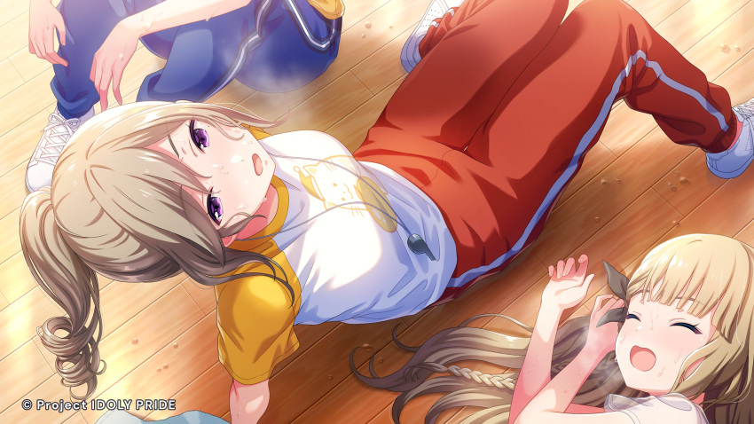 3girls blonde_hair bow braid breath closed_eyes dripping exhausted floor from_above hairbow hands_on_floor highres idoly_pride knees_up looking_up lying messy_hair multiple_girls narumiya_suzu official_art on_side open_mouth pants ponytail purple_eyes shiraishi_saki shoes sitting sweat sweatpants third-party_source whistle wooden_floor