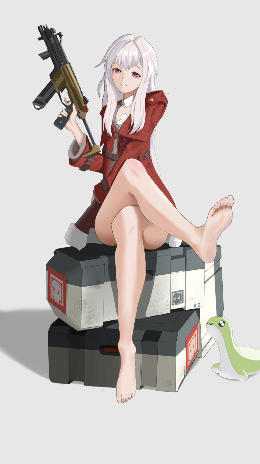 :3 absurdres apex_legends barefoot box chinese_commentary clara_(honkai:_star_rail) commentary_request crossed_legs crossover death_box_(apex_legends) detached_collar female grey_background grey_hair gun hair_intakes highres holding holding_gun holding_weapon honkai:_star_rail honkai_(series) jacket looking_at_viewer nessie_(respawn) on_box r-99_smg red_jacket shadow shirt sitting sitting_on_box soles solo stuffed_toy submachine_gun trigger_discipline weapon white_shirt yi_yanhua_er_qing