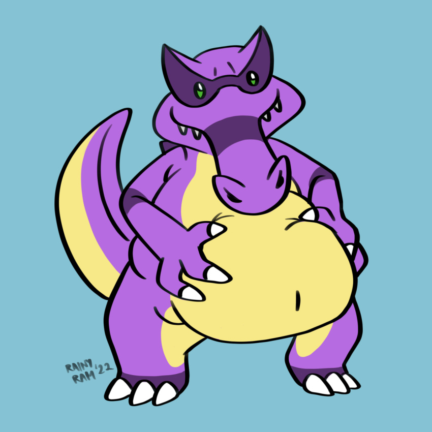 1:1 alligator alligatorid anthro belly big_belly claws crocodilian generation_5_pokemon green_eyes hi_res holding_belly hybrid krookodile male nintendo octariax pokemon pokemon_(species) purple_body rainy_ram reptile scalie smile smirk snout solo standing teeth toe_claws yellow_belly