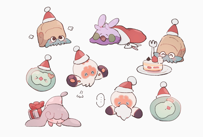 blush box brown_eyes cake christmas clobbopus closed_eyes clothed_pokemon commentary_request food fork gift gift_box goomy hat hatenna highres looking_up no_humans nodori710 omanyte open_mouth plate pokemon pokemon_(creature) red_headwear red_ribbon ribbon santa_hat solosis tongue