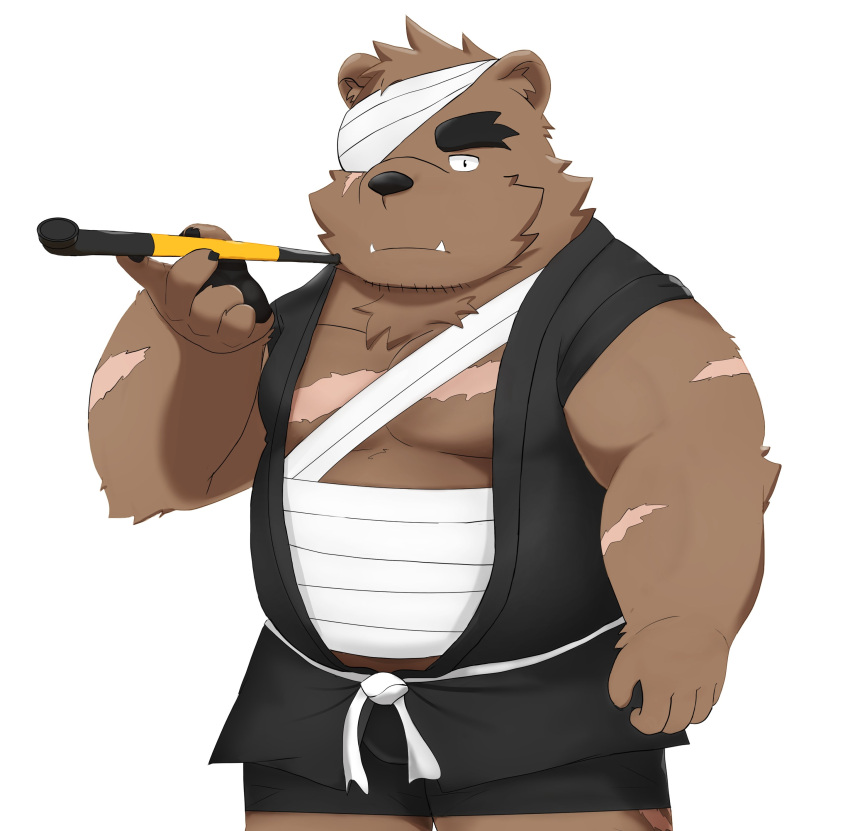 2023 absurd_res anthro bandage bear brown_body gouki_(the_spicy_ninja_scrolls) hi_res humanoid_hands kemono male mammal musclegut muscular overweight overweight_male ruoain scar simple_background solo the_spicy_ninja_scrolls white_background