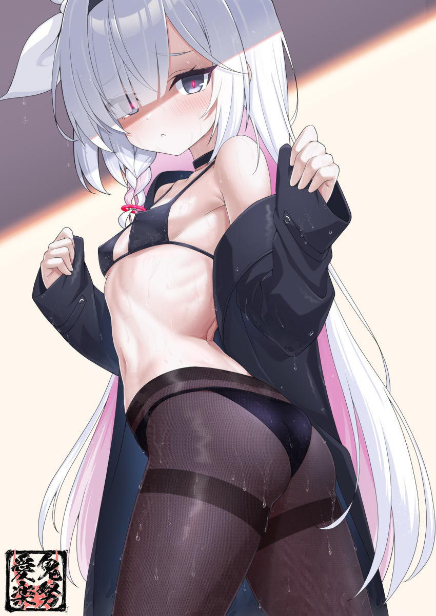 arms_up ass bikini bikini_under_clothes black_bikini black_coat black_pantyhose blue_archive blush bow braid breasts coat expressionless female from_behind glowing glowing_eyes grey_eyes hair_over_one_eye hairband hairbow highres kido_airaku long_hair looking_at_viewer looking_back micro_bikini navel off_shoulder open_clothes open_coat pantyhose pantyhose_over_swimsuit plana_(blue_archive) ribbon sleeves_past_wrists small_breasts solo swimsuit swimsuit_under_clothes thighband_pantyhose thighs very_long_hair wet wet_bikini wet_clothes wet_pantyhose white_hair