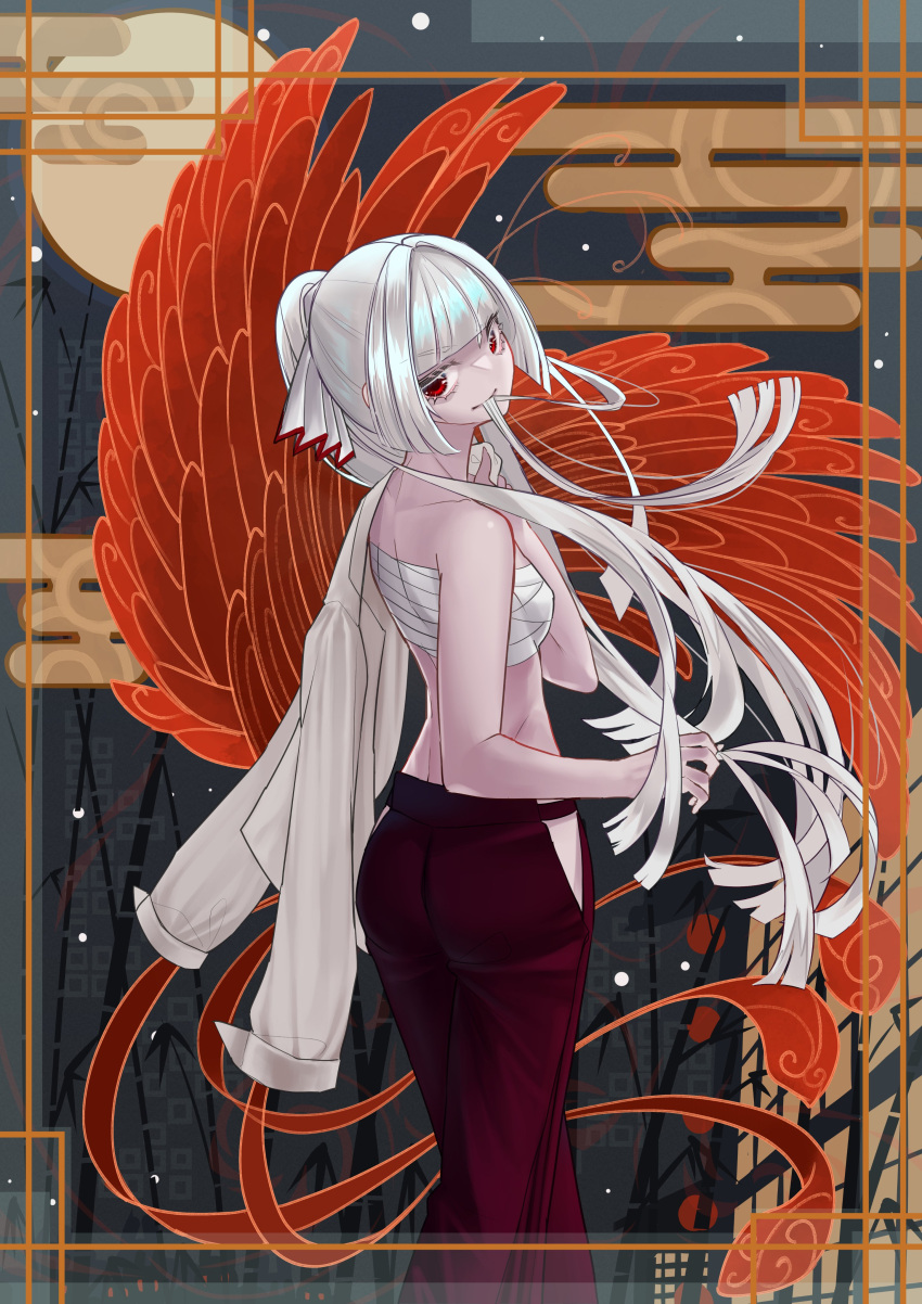 absurdres architecture bamboo bandages beige_shirt bird_tail bird_wings border bow building chest_sarashi east_asian_architecture egasumi female fujiwara_no_mokou hair_in_own_mouth hairbow highres hime_cut holding holding_clothes holding_shirt lantern long_hair looking_back moon mouth_hold night over_shoulder pants paper_lantern ponytail red_eyes red_pants sarashi shirt sidelocks star_(sky) sweet_reverie tail touhou transparent_border unworn_shirt very_long_hair white_bow white_hair wings