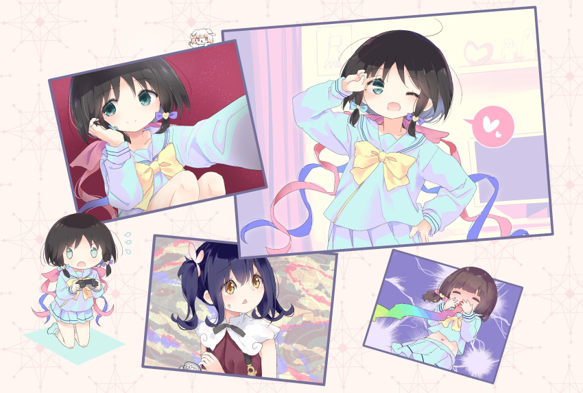 ;d absurdres ame-chan_(needy_girl_overdose) ame-chan_(needy_girl_overdose)_(cosplay) black_hair blue_bow blue_footwear blue_serafuku blue_shirt blue_skirt blush bow brown_hair character_request check_character chouzetsusaikawa_tenshi-chan chouzetsusaikawa_tenshi-chan_(cosplay) closed_eyes commentary_request controller cosplay female flying_sweatdrops full_body game_controller hair_ribbon hairbow hand_on_own_hip hand_up hands_up heart highres holding holding_controller holding_game_controller honda_tamaki indoors kneeling knees_up kuroba_u long_hair long_sleeves looking_at_viewer midriff multiple_views needy_girl_overdose one_eye_closed open_mouth pleated_skirt purple_bow red_shirt ribbon sailor_collar school_uniform selfie serafuku shirt sitting skirt smile spoken_heart standing stella_no_mahou suspenders twintails v-shaped_eyebrows v_over_eye vomiting_rainbows yellow_bow yellow_eyes