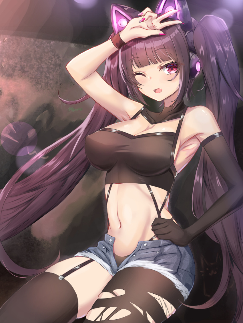 ;d animal_ear_headphones animal_ears arm_up armpits axent_wear bare_shoulders black_hair black_panties black_shirt black_thighhighs blue_shorts breasts cat_ear_headphones cleavage collarbone covered_nipples cowboy_shot crop_top cutoffs denim denim_shorts elbow_gloves fake_animal_ears female garter_straps gloves habu_rin hand_on_own_hip headphones highres large_breasts long_hair looking_at_viewer micro_shorts midriff nail_polish navel oerba_yun_fang one_eye_closed open_fly open_mouth original panties pantyhose pink_nails red_eyes shirt short_shorts shorts sidelocks single_glove single_leg_pantyhose single_thighhigh skindentation sleeveless sleeveless_shirt smile solo spaghetti_strap stomach string_panties thighhighs thighs torn_clothes torn_pantyhose twintails underwear v very_long_hair wristband