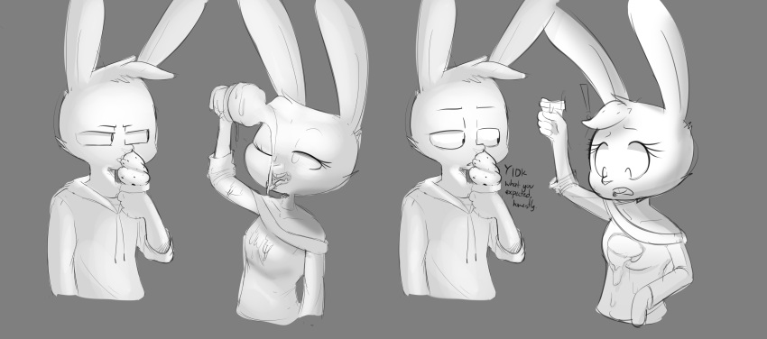 2022 absurd_res agidyne anthro bedroom_eyes clothing dessert dialogue duo exclamation_point female food head_tuft hi_res hoodie ice_cream lagomorph leporid male male/female mammal monochrome narrowed_eyes rabbit rose_(agidyne) seductive shoulderless_shirt stephen_(agidyne) topwear tuft