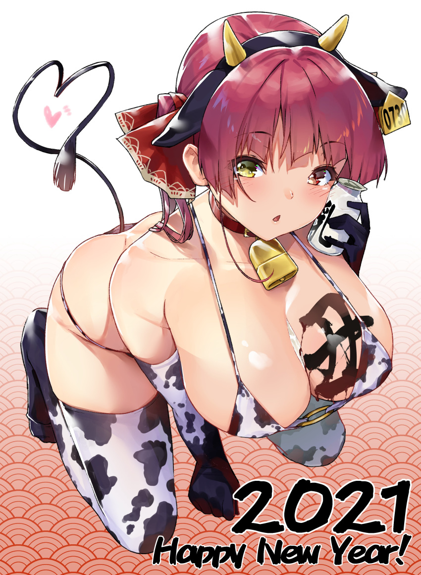 2021 absurdres animal_ears animal_print bell bent_over bikini blush bottle breasts chinese_zodiac cleavage collar cow_ears cow_horns cow_print cow_print_bikini cow_tail ear_tag elbow_gloves fake_animal_ears fake_horns fake_tail female gloves hair_ribbon happy_new_year heterochromia highres holding holding_bottle hololive horns houshou_marine koubou_(cowbow_kun) large_breasts long_hair looking_at_viewer milk_bottle neck_bell new_year o-ring o-ring_top print_bikini red_eyes red_hair red_ribbon ribbon short_hair solo swimsuit tail thighhighs twintails virtual_youtuber year_of_the_ox yellow_eyes