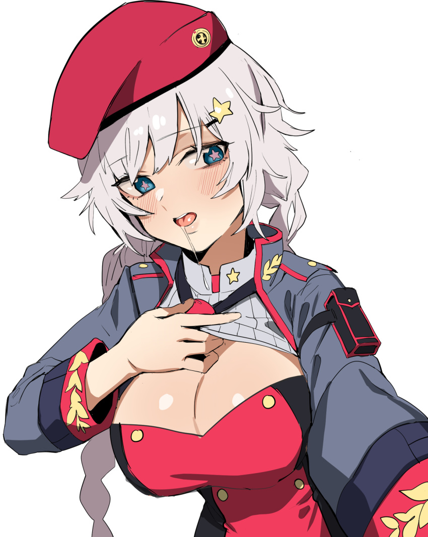 bad_id bad_twitter_id banssee beret black_necktie blue_eyes blush braid breasts cleavage female flashing girls'_frontline grey_hair hat head_tilt highres long_hair medium_breasts necktie open_mouth ots-12_(girls'_frontline) red_hat saliva sidelocks sideways_glance solo star_(symbol) symbol-shaped_pupils upper_body white_background white_hair