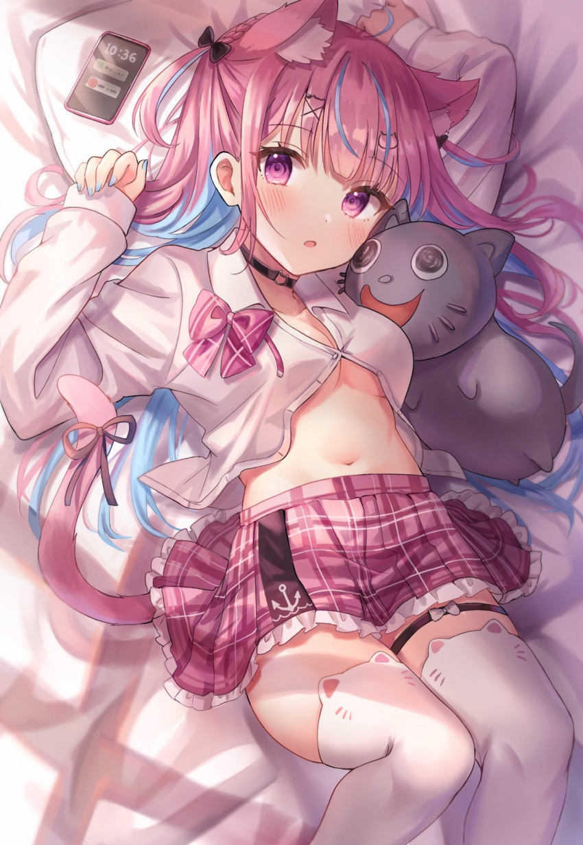 ahoge animal_ear_fluff animal_ear_legwear animal_ears bed_sheet black_choker blue_hair blue_nails blush bow breasts cat_ear_legwear cat_ears cat_girl cat_hair_ornament cat_o-ring cat_tail cellphone choker collared_shirt colored_inner_hair female frilled_skirt frills hair_ornament highres hololive long_hair long_sleeves looking_at_viewer lying medium_bangs medium_breasts minato_aqua minato_aqua_(school_uniform) miniskirt multicolored_hair navel neko_(minato_aqua) o-ring o-ring_choker official_alternate_costume on_back open_mouth partially_unbuttoned phone pillow pink_bow pink_eyes pink_hair pink_skirt plaid plaid_bow plaid_skirt ribbon school_uniform shirt skirt smartphone solo stomach streaked_hair tail tail_ornament tail_ribbon thigh_strap thighhighs tikoo_616 two-tone_hair virtual_youtuber white_shirt white_thighhighs x_hair_ornament zettai_ryouiki