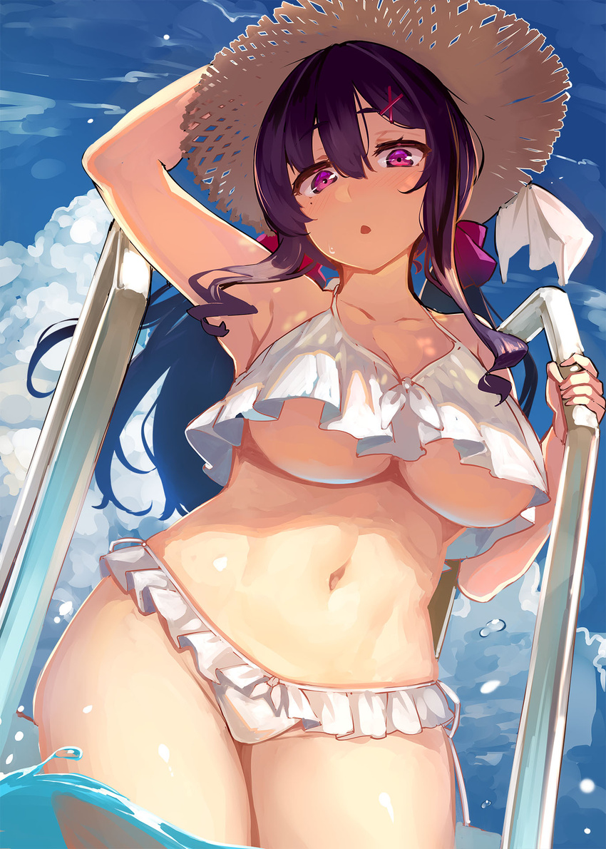 :o arm_up armpits bikini blue_sky breasts cleavage cloud collarbone commentary_request curvy day female frilled_bikini frills hair_between_eyes hair_ornament hair_ribbon hat highres looking_at_viewer medium_breasts navel nonohara_yuka original outdoors purple_eyes purple_hair ribbon shiokonbu sidelocks sky solo standing stomach straw_hat sun_hat swimsuit thick_thighs thighs underboob wading white_bikini x_hair_ornament