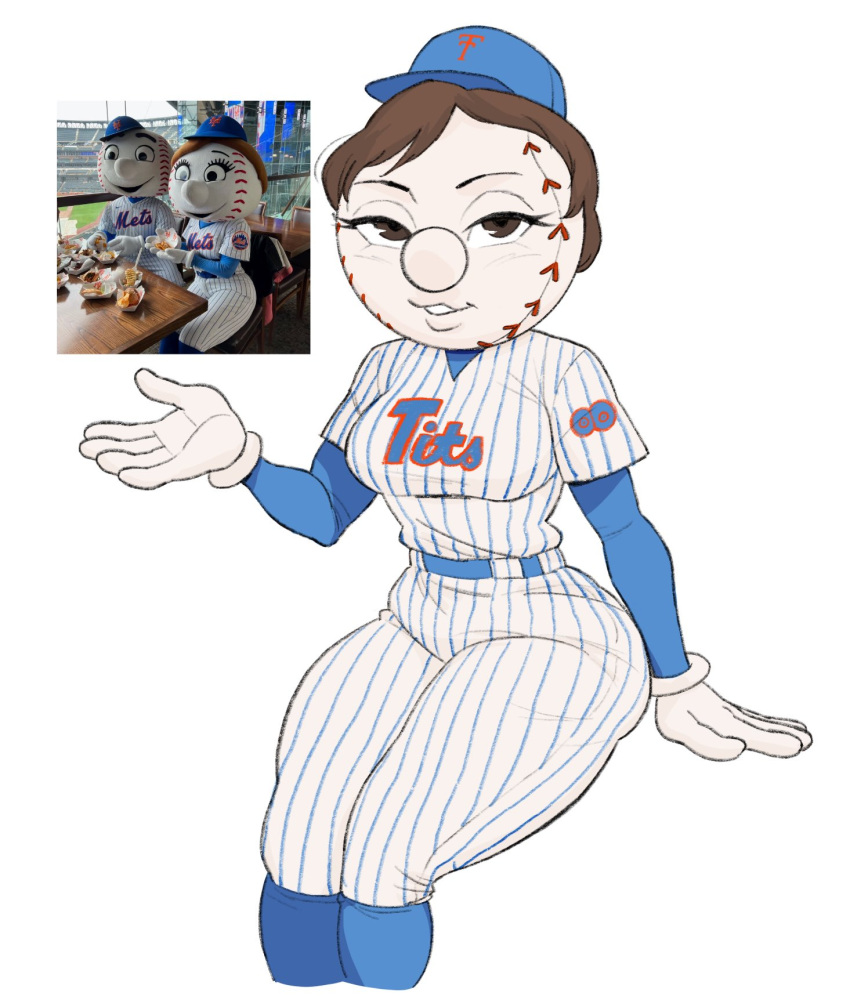 2023 ball baseball_(ball) baseball_cap baseball_uniform bedroom_eyes brown_hair clothing female for_a_head gloves hair handwear hat headgear headwear hi_res humanoid mascot mlb mrs._met narrowed_eyes new_york_mets not_furry object_head seductive simple_background sitting solo sportswear thick_thighs uniform white_background zigzagboy95