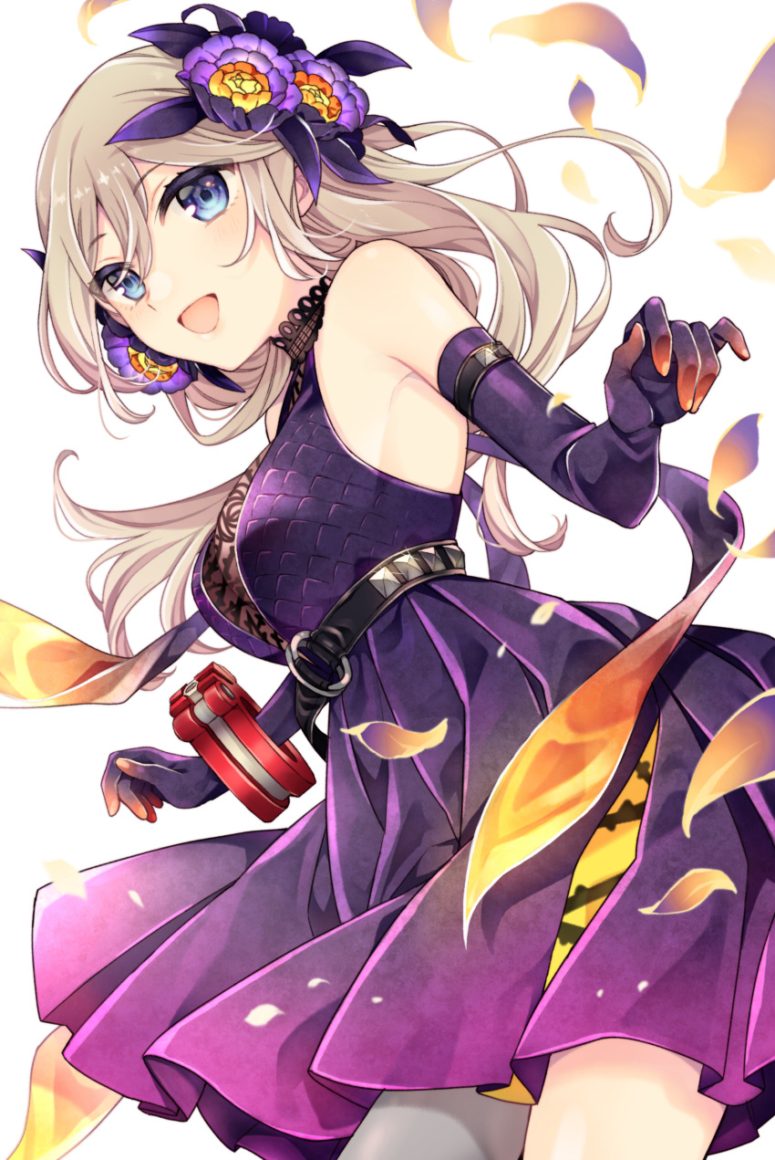 :d absurdres alisa_ilinichina_amiella bare_shoulders belt black_belt blue_eyes bracer breasts cleavage commentary cowboy_shot dress elbow_gloves female flower gloves god_eater god_eater_resonant_ops grey_hair grey_thighhighs hair_between_eyes hair_flower hair_ornament highres io_(1033k) large_breasts long_hair looking_at_viewer official_alternate_costume open_mouth pleated_dress purple_dress purple_gloves see-through see-through_cleavage sidelocks simple_background single_thighhigh sleeveless sleeveless_dress smile solo standing thighhighs underbust white_background